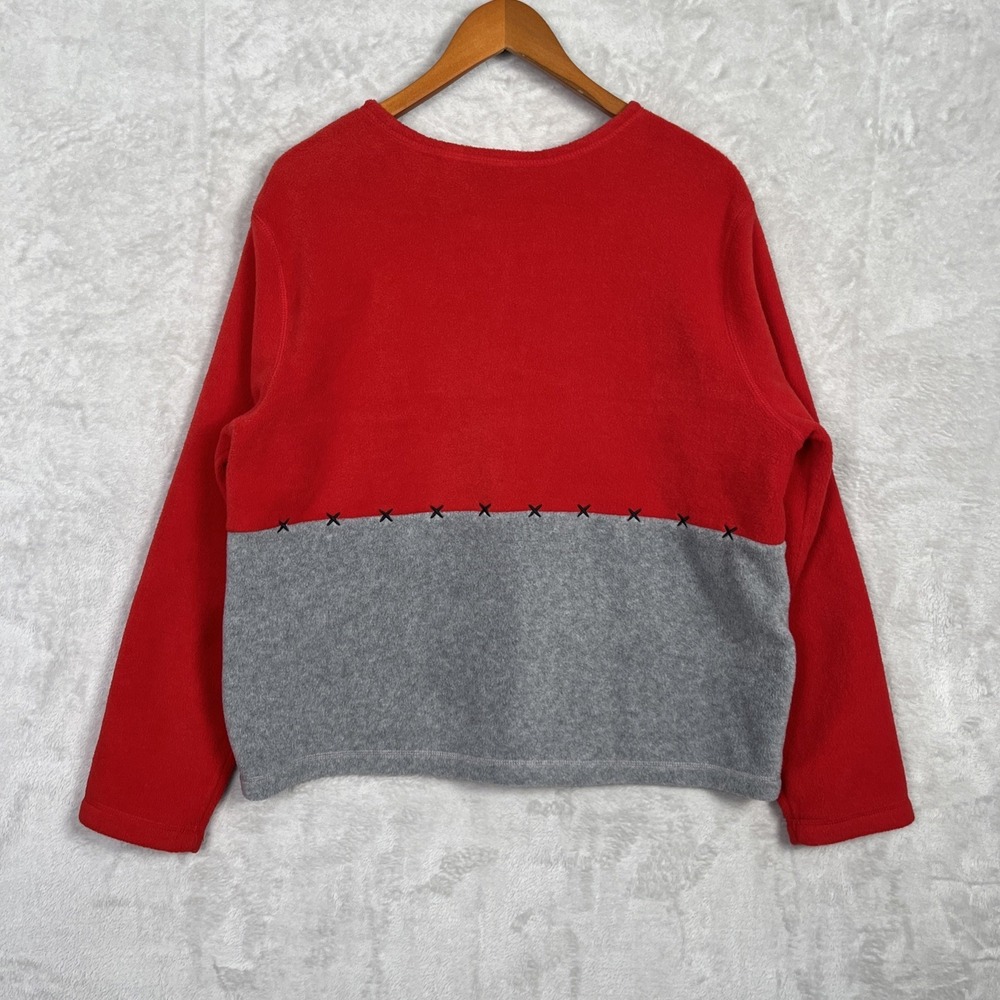 Vintage Christmas Cardigan Button Sweater L Fleece Red Gray Snowman Ski Grandma - Picture 10 of 11